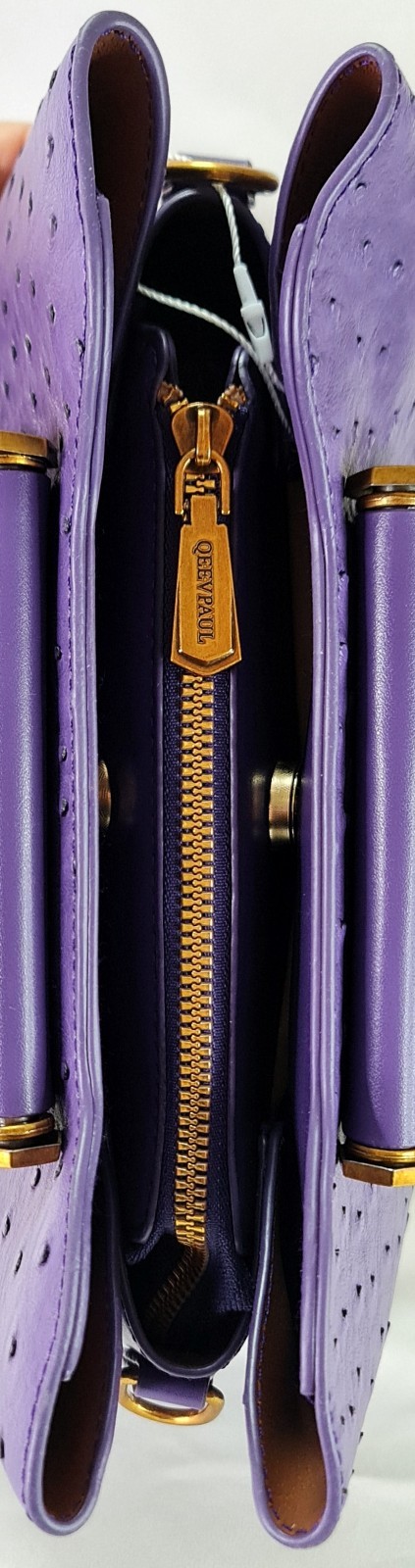 Purple Ostrich Embossed Cow Leather Satchel Top Handle Crossbody Bag Gold Zip