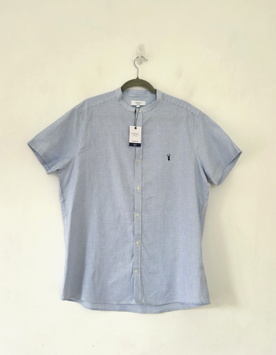 Next Shirt Men Slim Fit Collarless Cotton Stretch Stripe Short Sleeve UK XL BNWT
