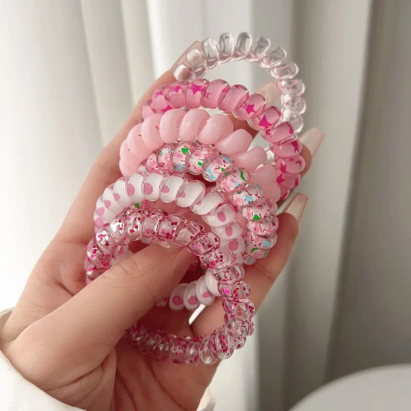 6 Pc Glitter Spiral Telephone Cord Scrunchies Elastic Hair Bands Accessories