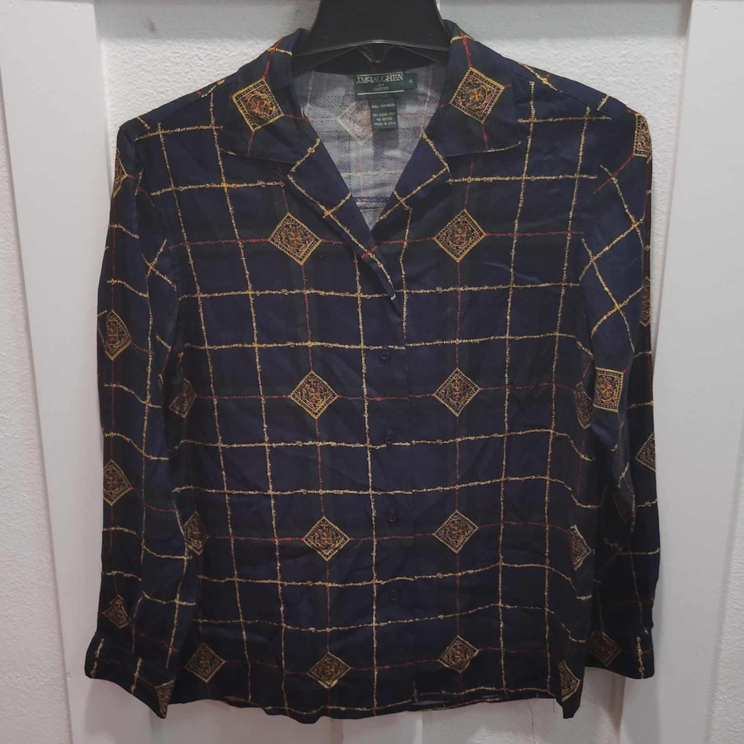 VTG 80’s J. McLaughlin for Sanyo Womens 6 Blue Plaid Collared Long Sleeve Rayon