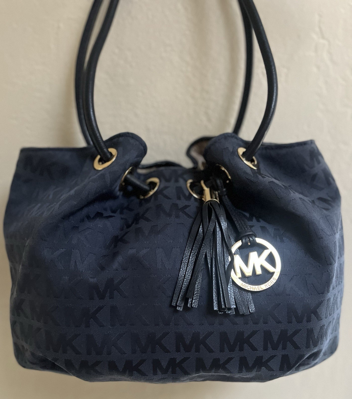 Michael Kors Medium Blue Monogram Tote Drawstring/Magnetic Tassel Charm Pockets