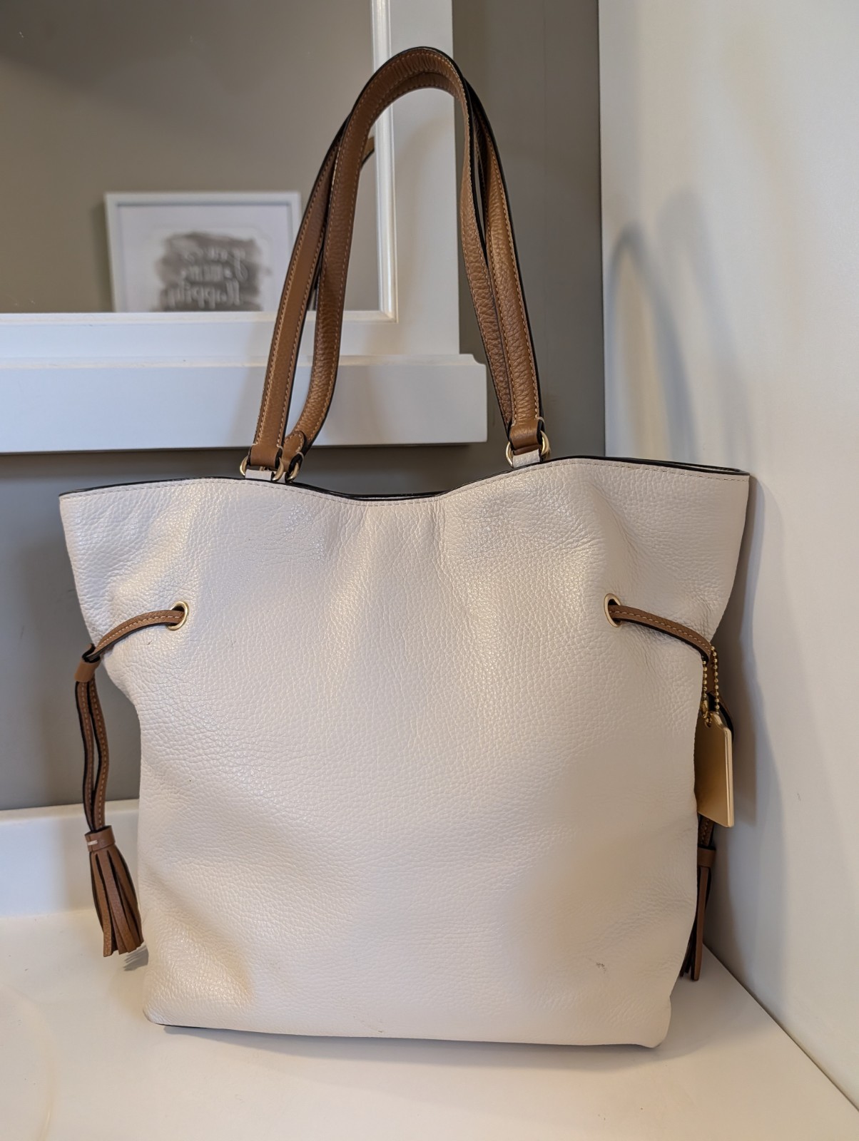 Coach Andy Tote CA165 Horse and Carriage Chalk Pebble Leather Shoulder Tote