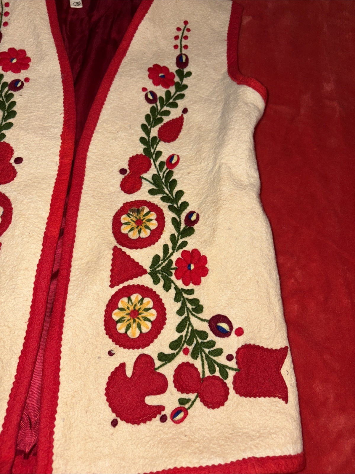 Vintage Hungary Peasant Vest Boho Red Lining Embroidered Top Folk Art