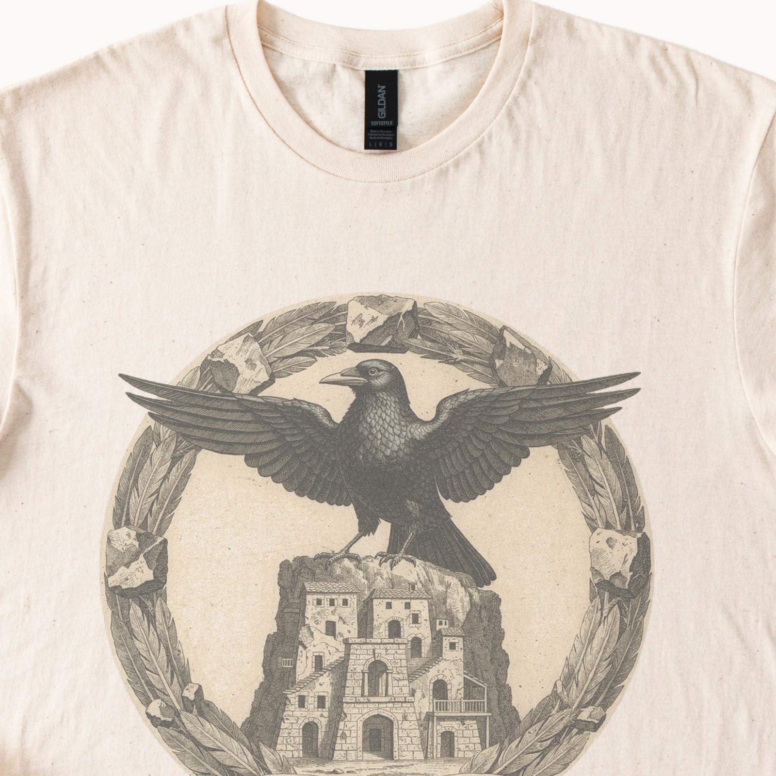 Engraved Bird Vintage Style Raven Wings Graphic Tee