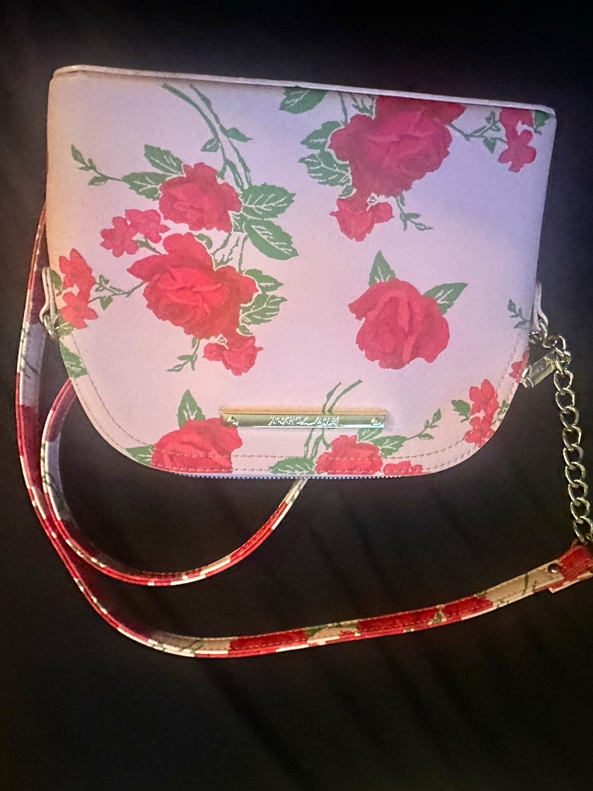 BJ Pink Floral Rose Print Small Shoulder Bag, Zip Closure, Silver Chain Strap
