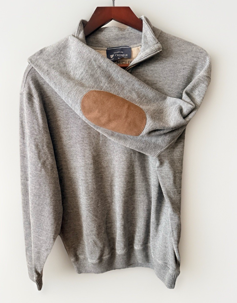 DANIEL CREMIEUX Mens Sweater Reversible 1/4 Zip Brown Elbow Patches Gray Golf M