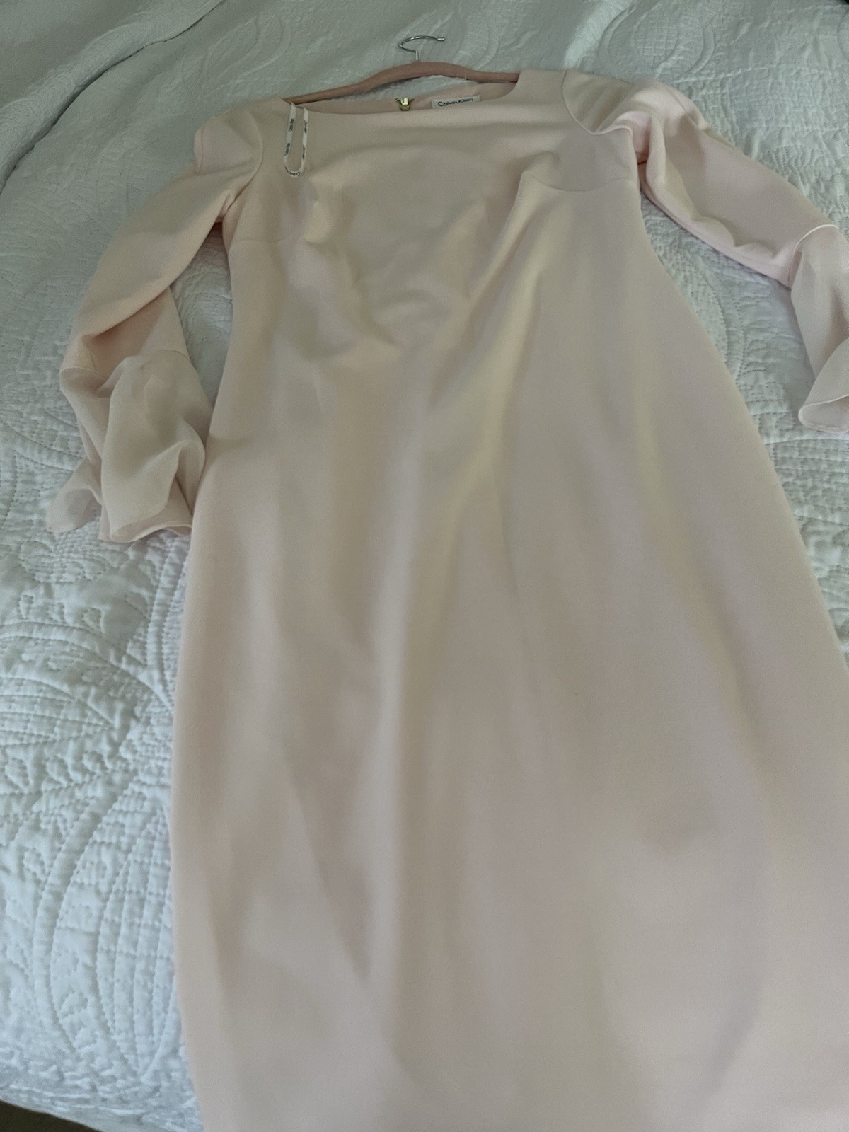 Calvin Klein Pink Solid Sheath Dress Boat Neck Flared Long Sleeve Zip/Size 4