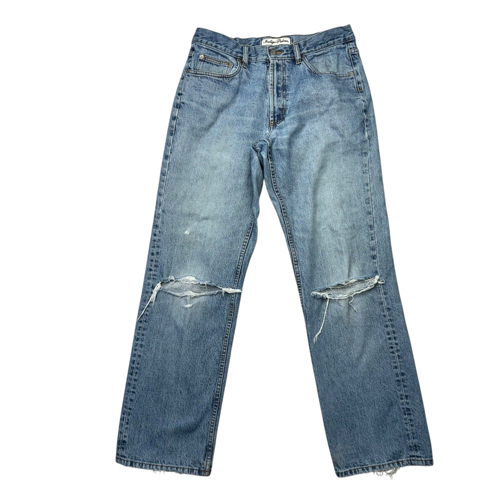 Indigo Palms Mens Jeans 34×32 Light Wash Straight Leg Ripped Distressed Thrashed