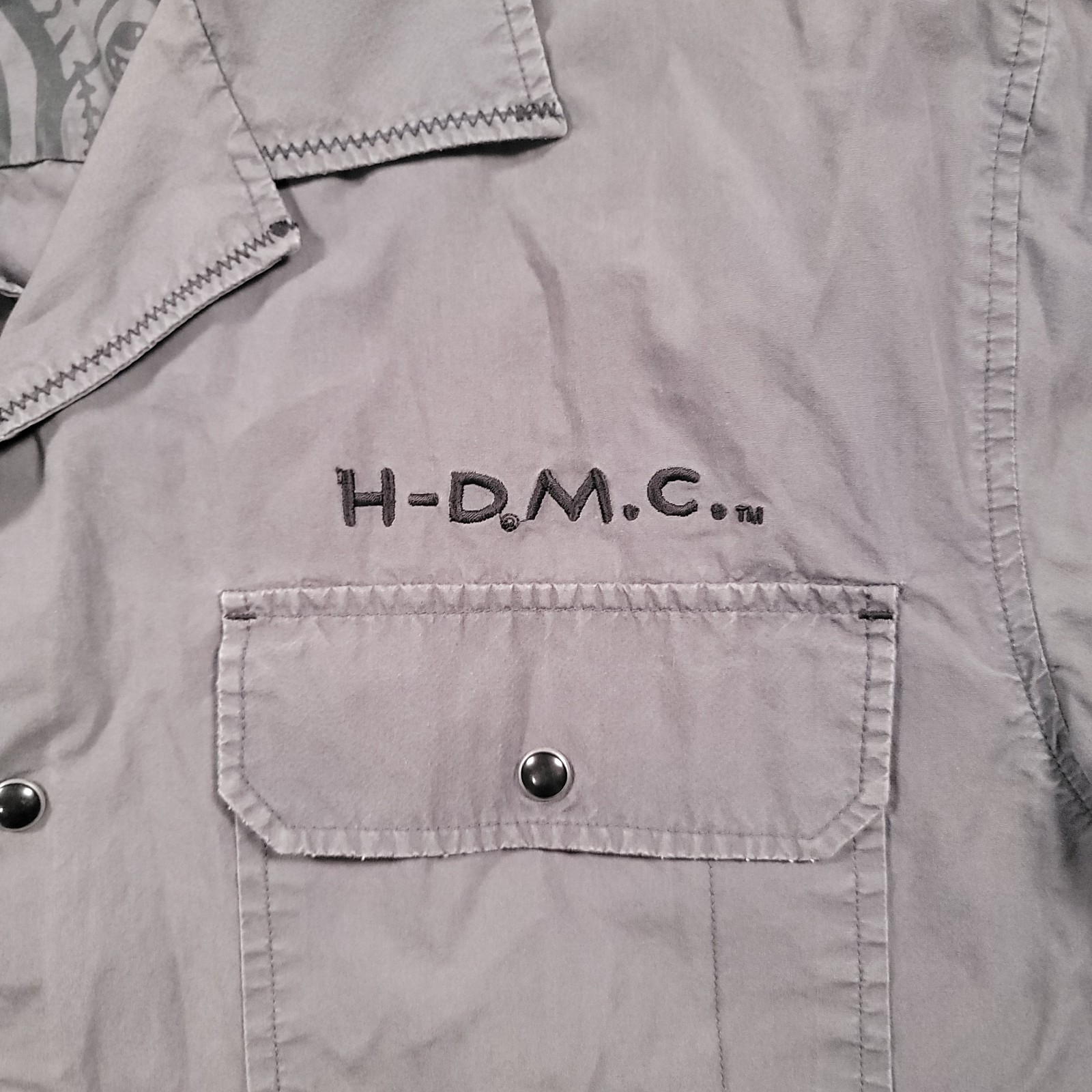 Harley Davidson H-DMC Shirt Mens Medium Gray Cotton Snap Front Biker