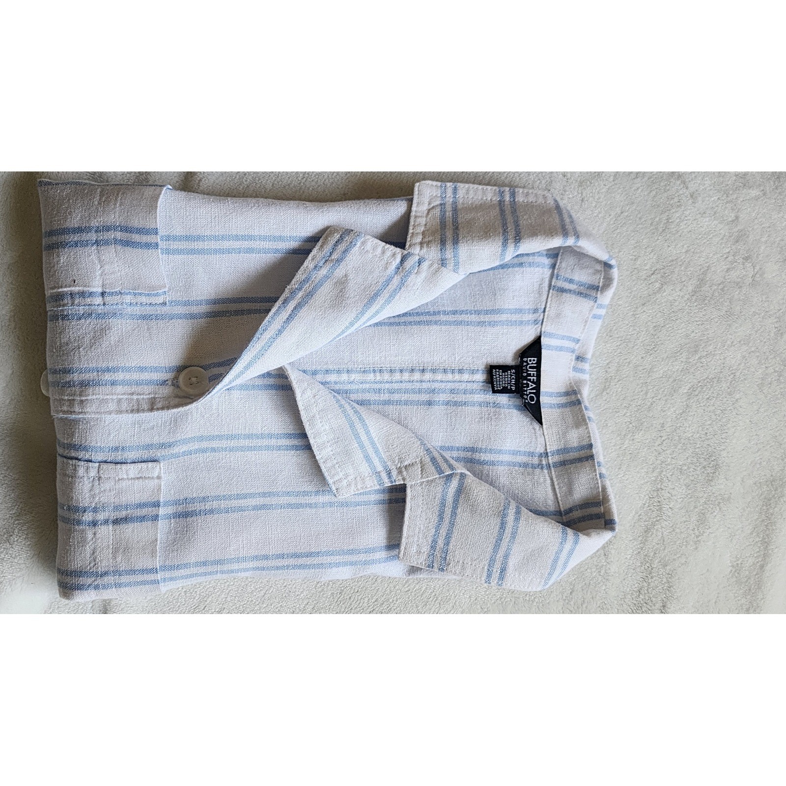 Buffalo David Bitton Womens Linen Blend Striped Short Sleeve Camp Shirt Blue S
