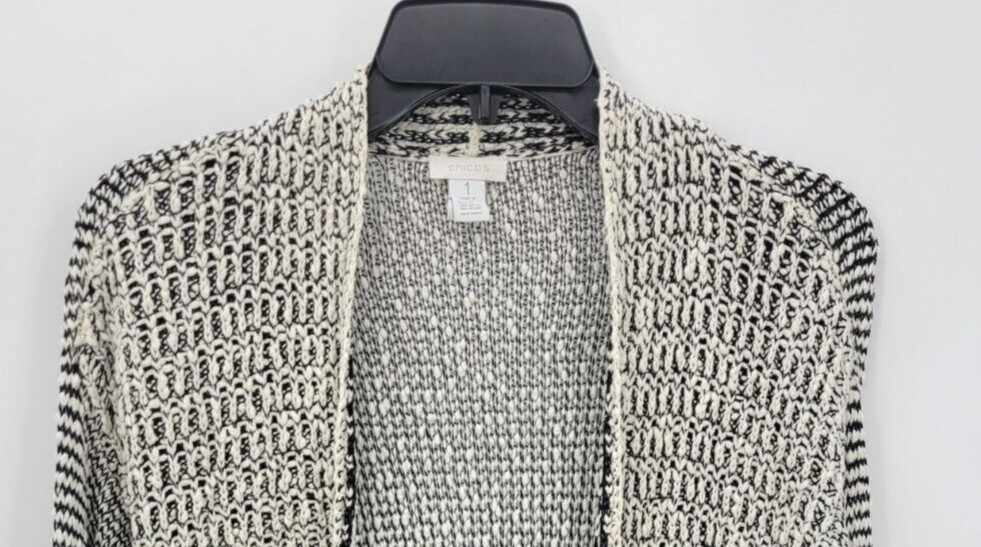 Chicos Cardigan Sweater Womens Medium 1 Black Ivory Marl Open Front Boho Artsy