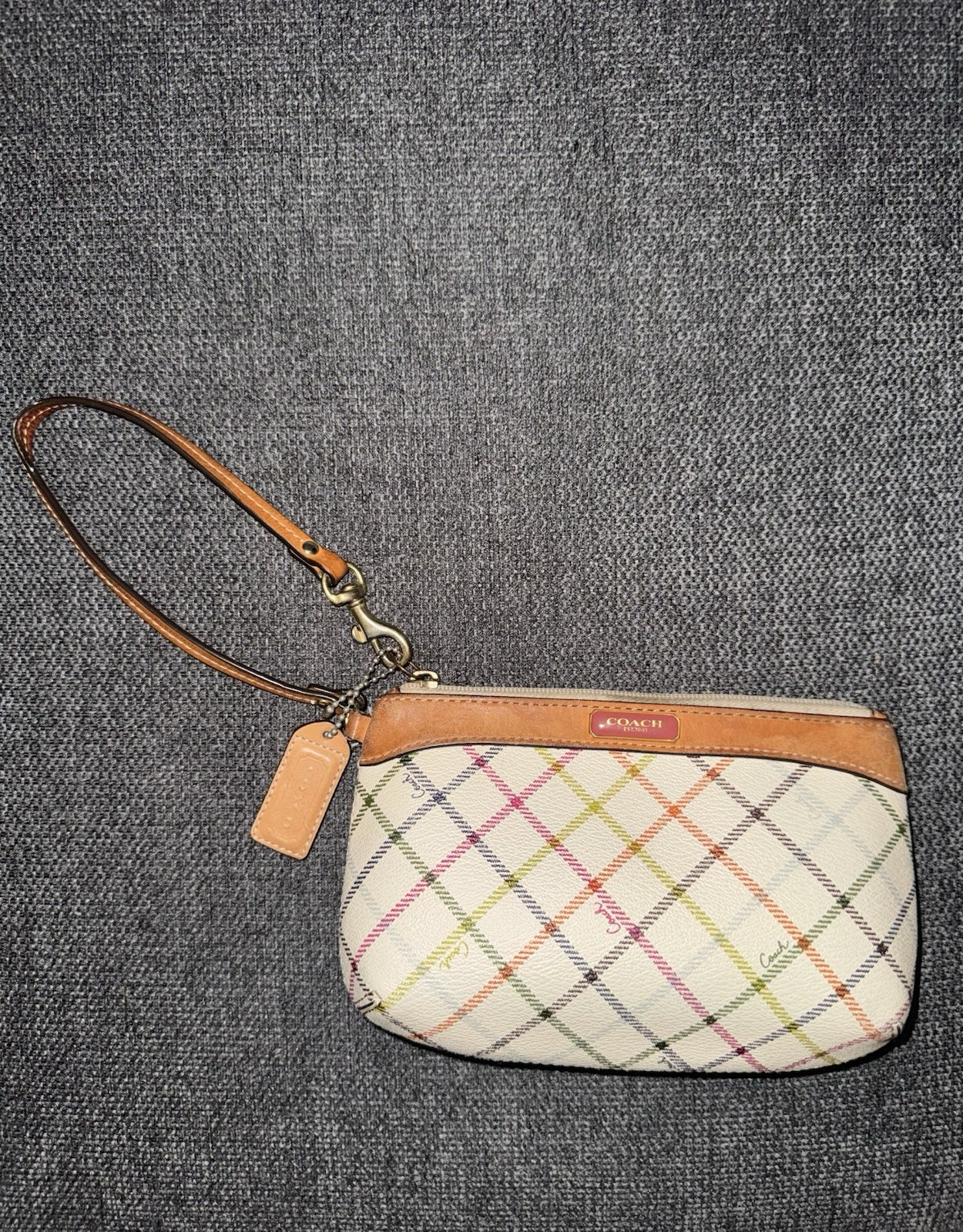 Coach Tattersall Plaid Print Coated Canvas Wristlet with Leather Trim