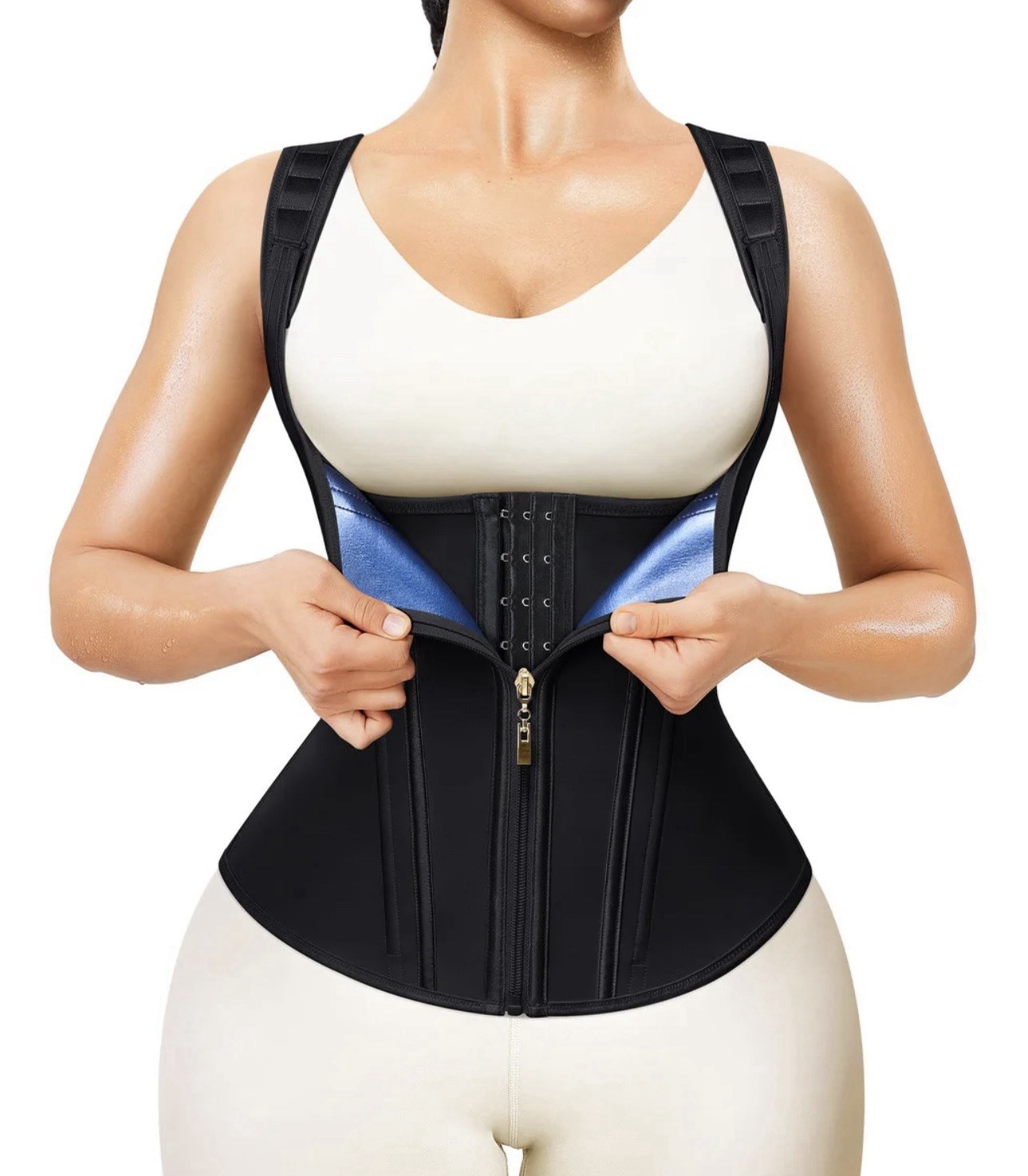 Women’s Black Waist Cincher back brace Zipper Front Closure Straps