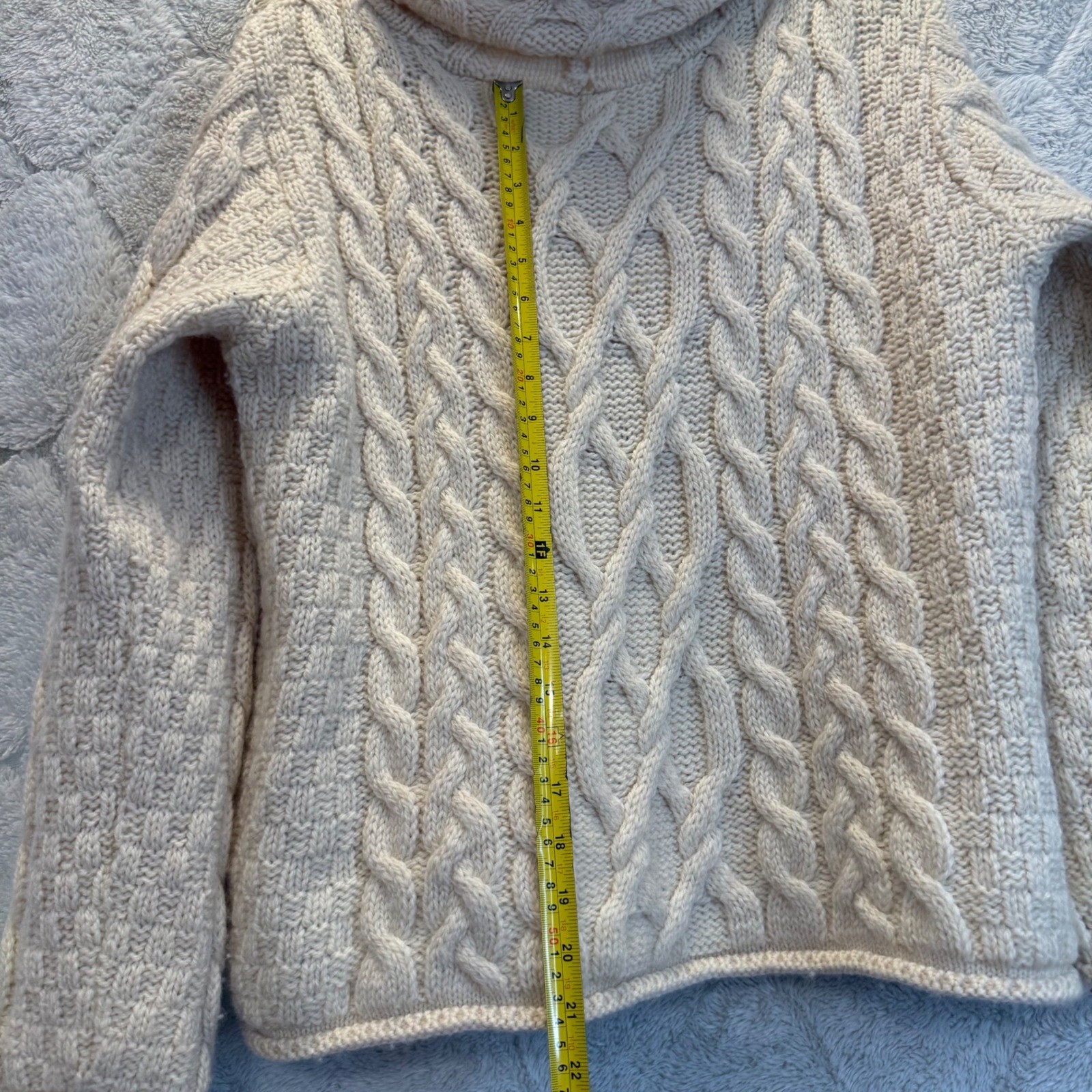 Inis Crafts Ireland Merino Wool Fisherman Cable Knit Cowl Neck Sweater Cream M L