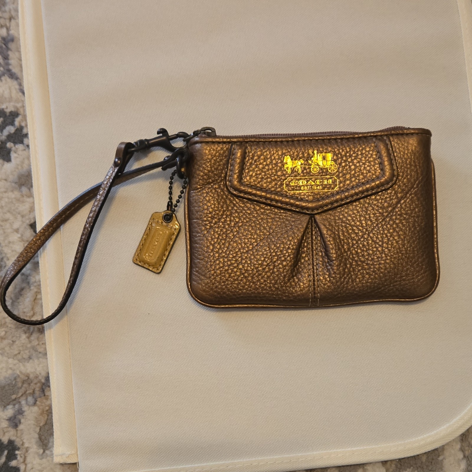 Coach Metallic Bronze Wristlet Zip Wallet Pouch w/ Wrist Strap Hangtag