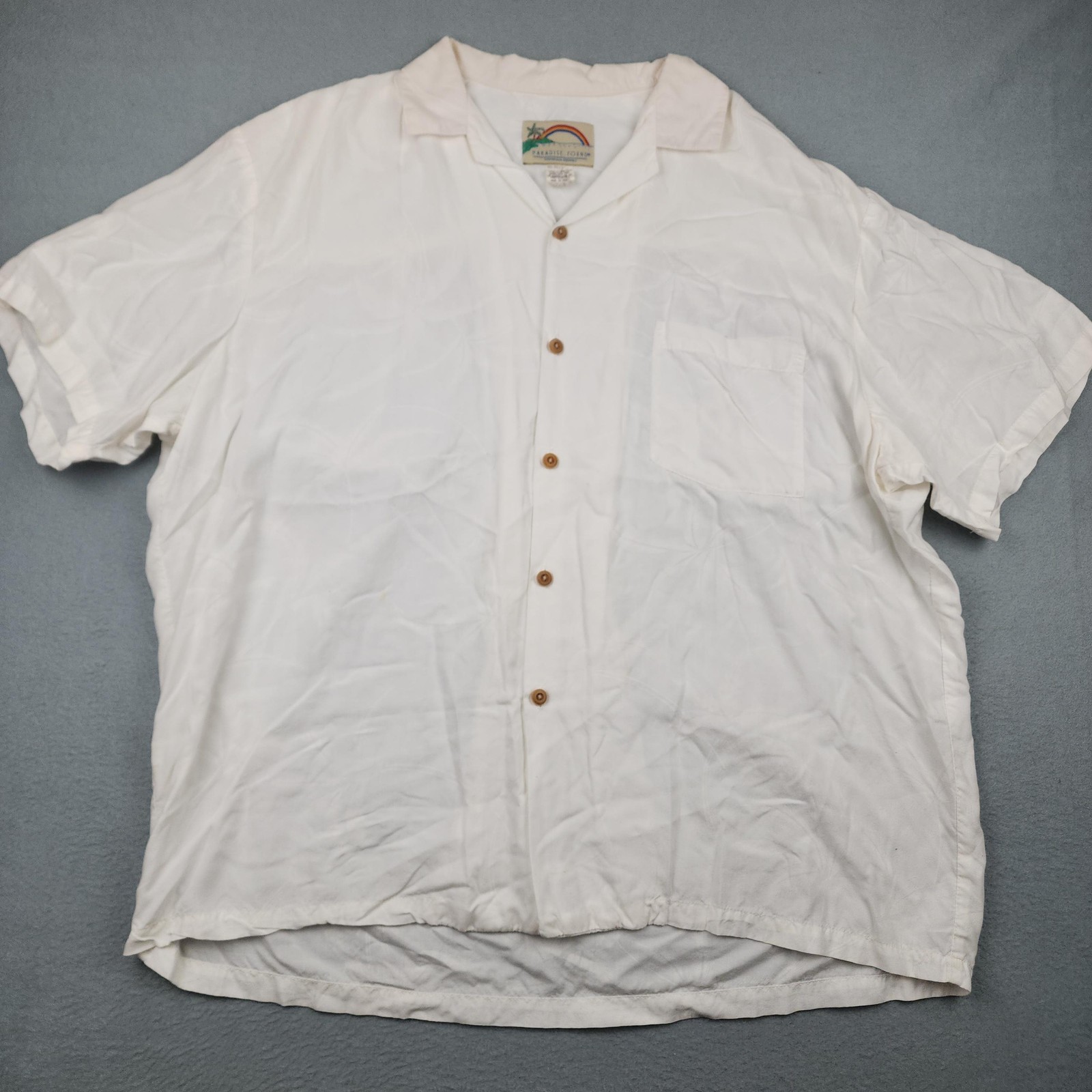 Paradise Found Shirt Mens XL White Hawaiian Aloha Camp Button Up Made Hawaii