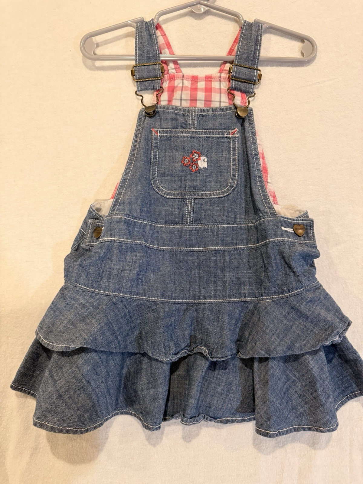Carhartt Girls 2T Blue Denim Plaid Lined Overall Dress Ruffle Adjustable