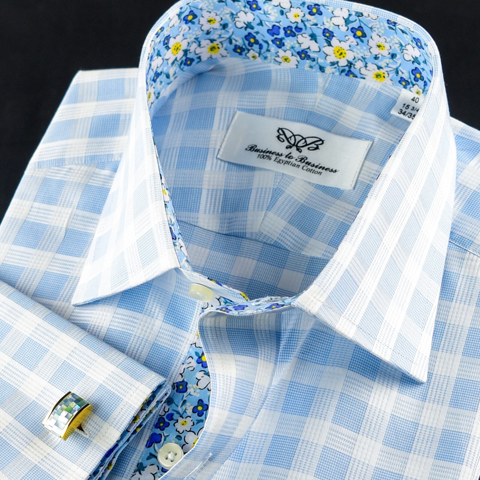 Blue Check Formal Business Dress Shirt Wih Blue Floral Inner Lining Double Cuff