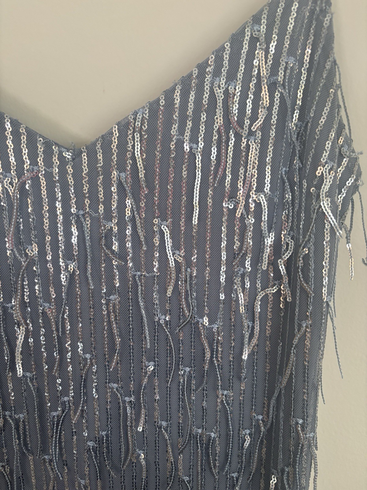 Blue Sequin Fringe Mini Dress Spaghetti Strap V-Neck Party Size L
