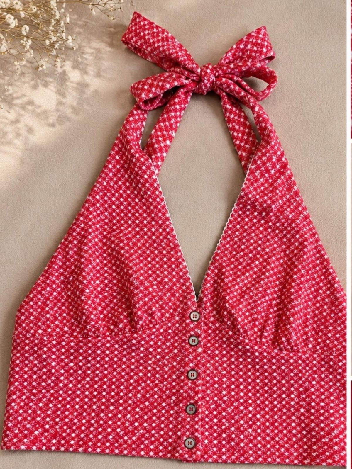 Free People Red Halter Crop Top br Red & White Button-Accented Top