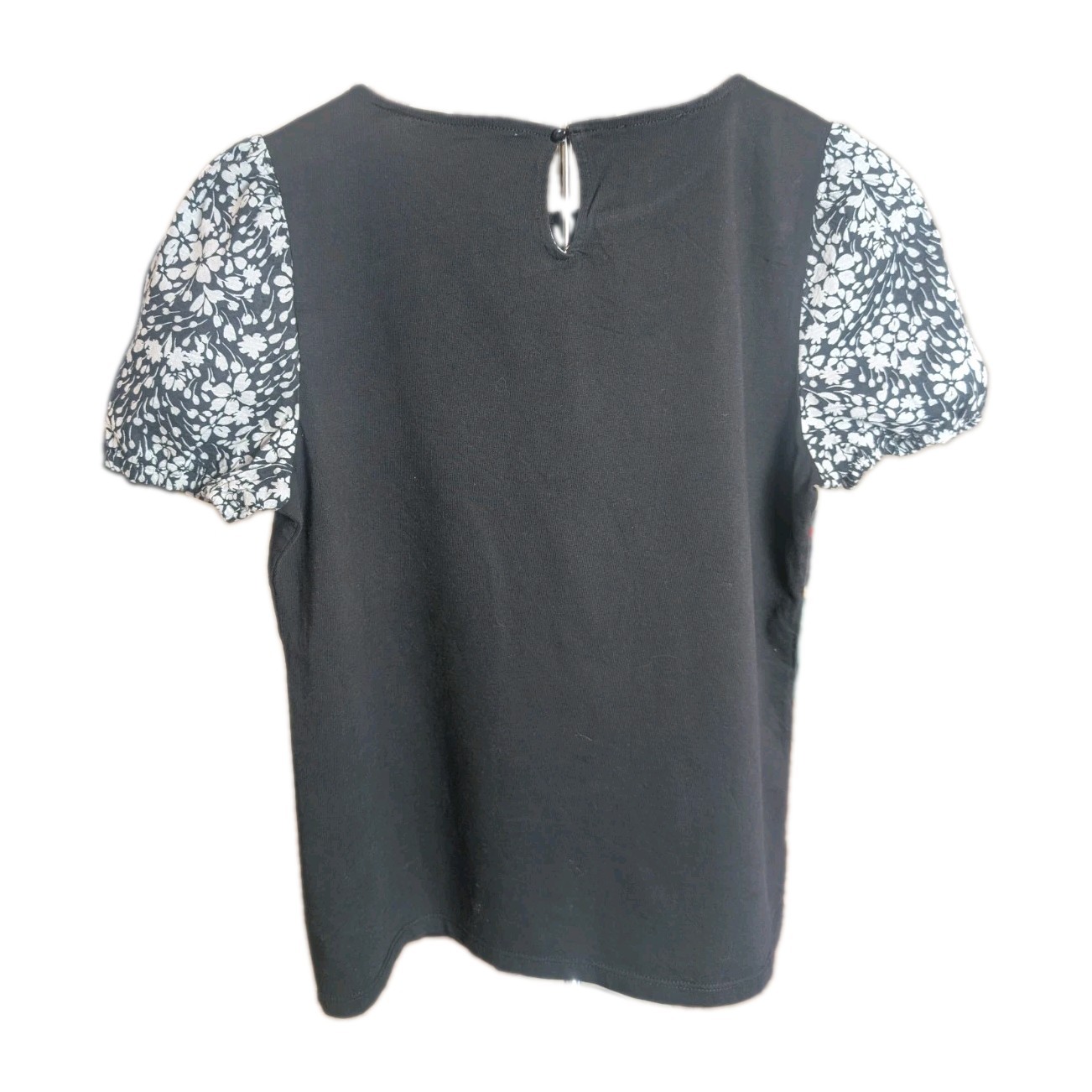 Talbots Petite Black Floral Puff Sleeve Knit Top Women’s SP Short Sleeve Blouse