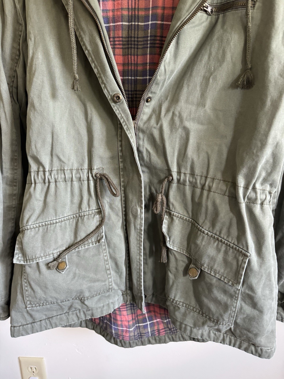 Arizona Jean Co Olive Green Utility Field Jacket Plaid Flannel Lined Size XL