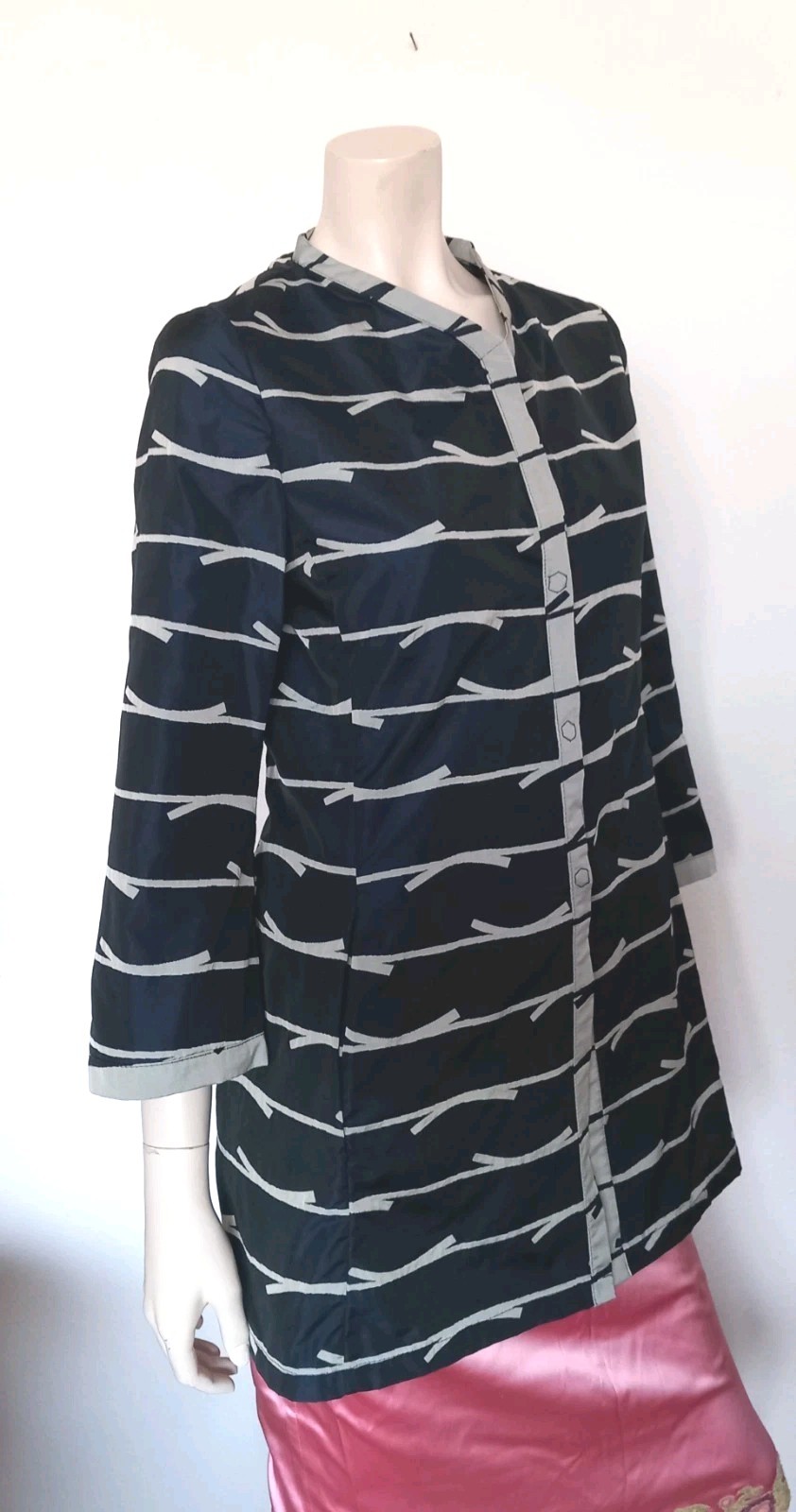 RIANI Coat Kimono Style Blue Grey Graphic Print 3/4 Sleeves Collared 36/38