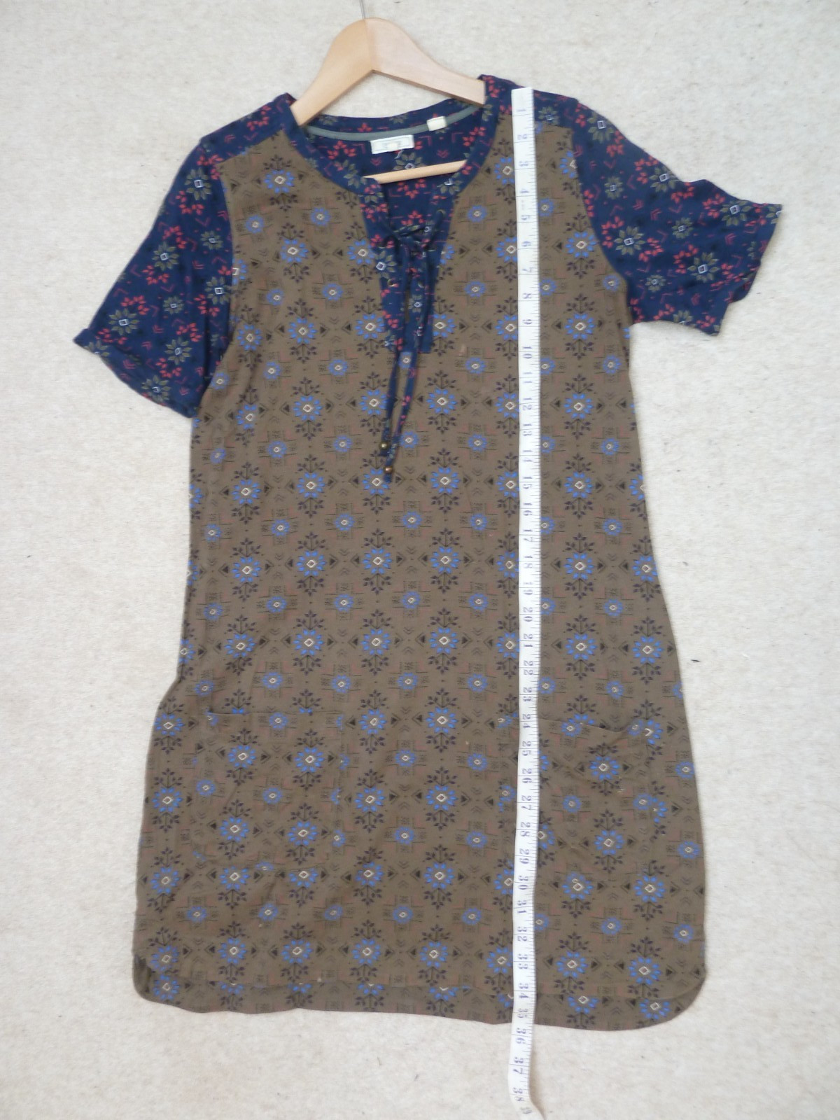 FAT FACE khaki green blue black GEO FLORAL dress with pockets and ties Size 10