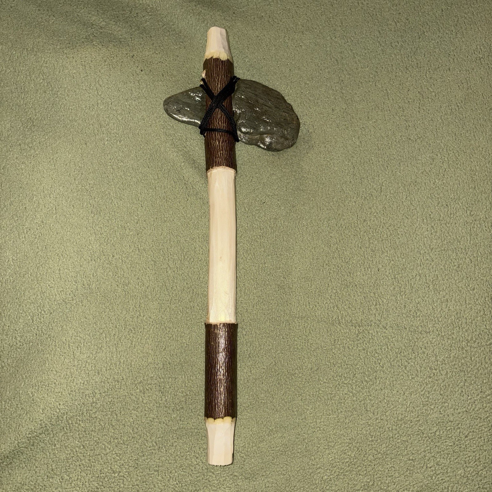 Handmade Caveman Stone Axe Staff Prop, Wrapped Handle, Brown/White/Gray