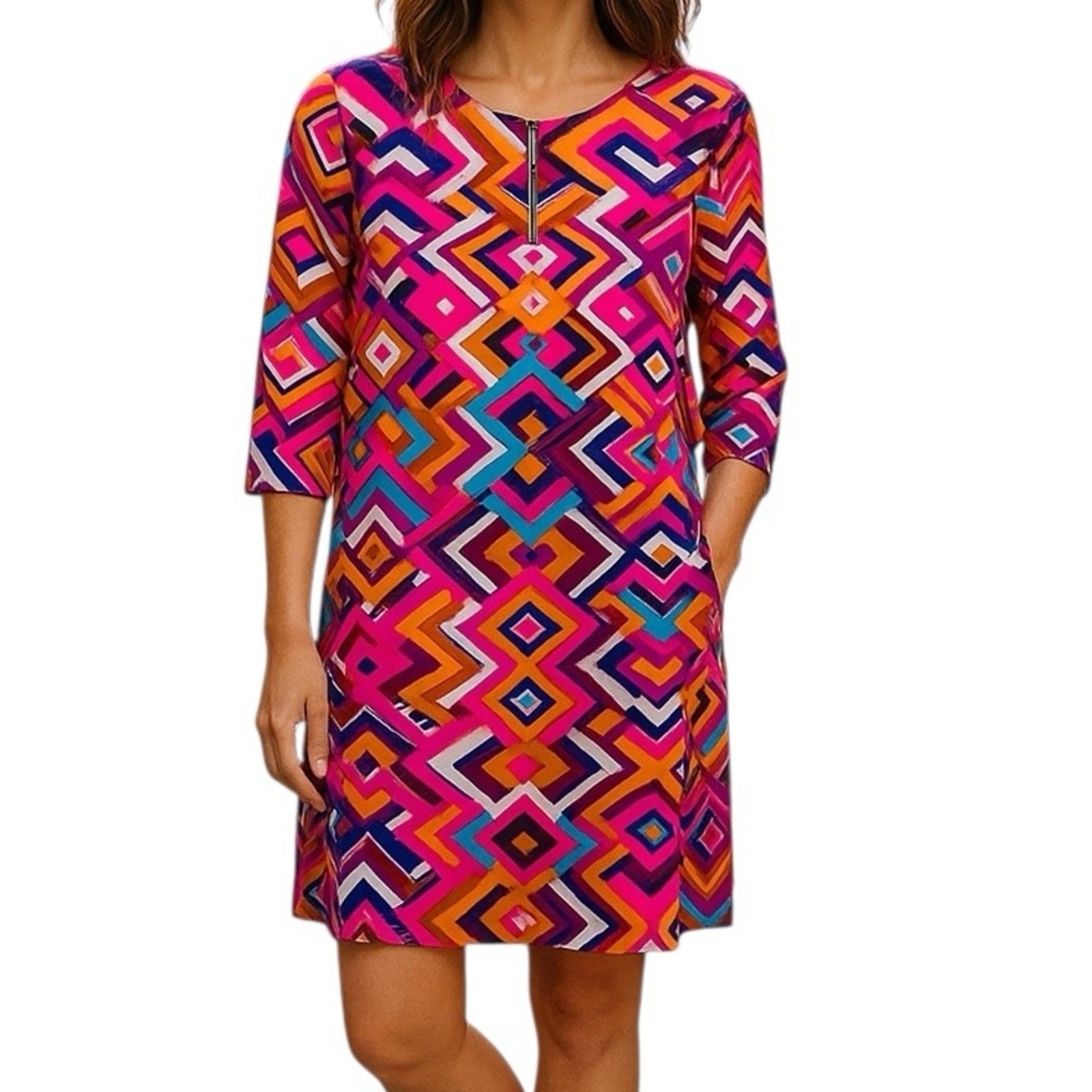 Everly Womens Shift Dress Small Pink Black Graphic Print Mini Mod Retro Chic