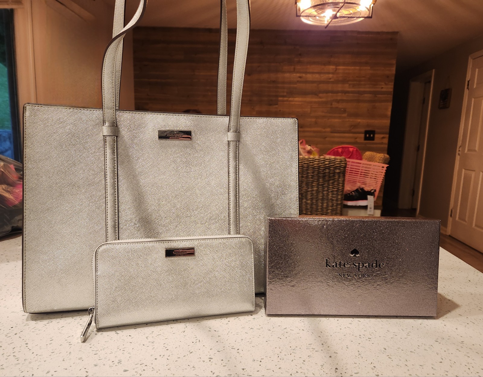 Kate Spade Kenzie Metallic Silver Tote Bag Zip Closure w/ Zip Wallet, L@@K