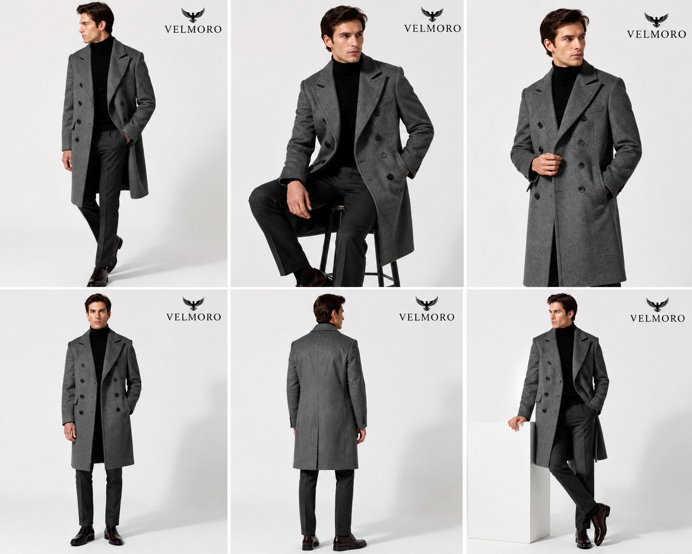 Men’s Grey Double Breasted Long Overcoat Wool Blend Winter Trench Coat Formal Bu