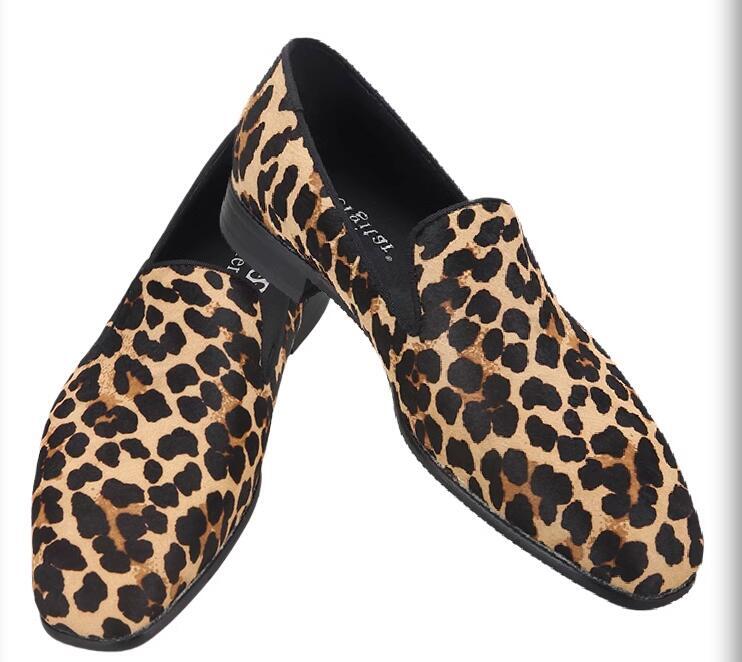 Men’s Fashion British Round Toe Leopard Slip On Loafers Youth Party Dress Shoes