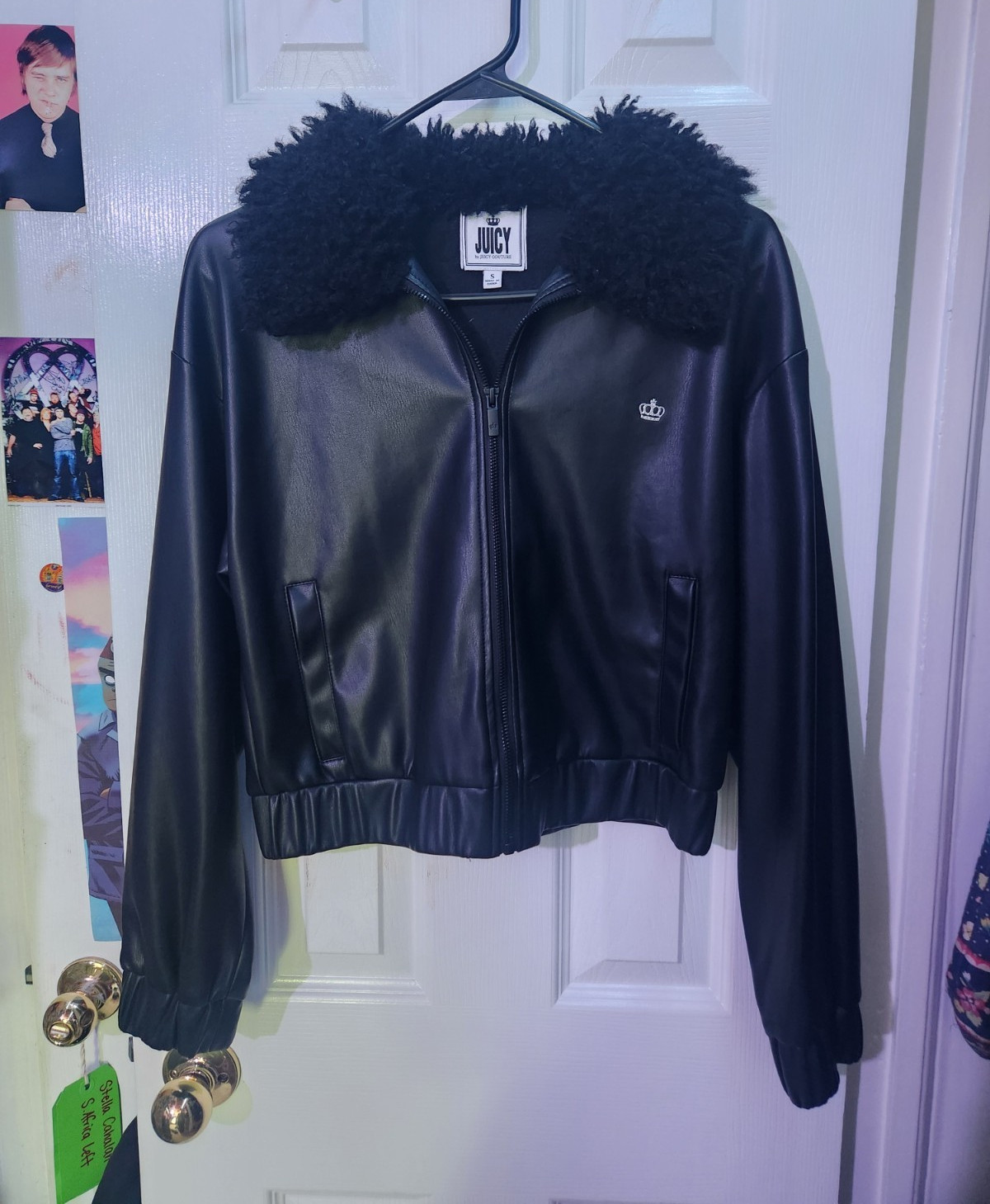 Juicy Couture Women’s Black Bomber Jacket Full Zip Faux Fur Collar Size S