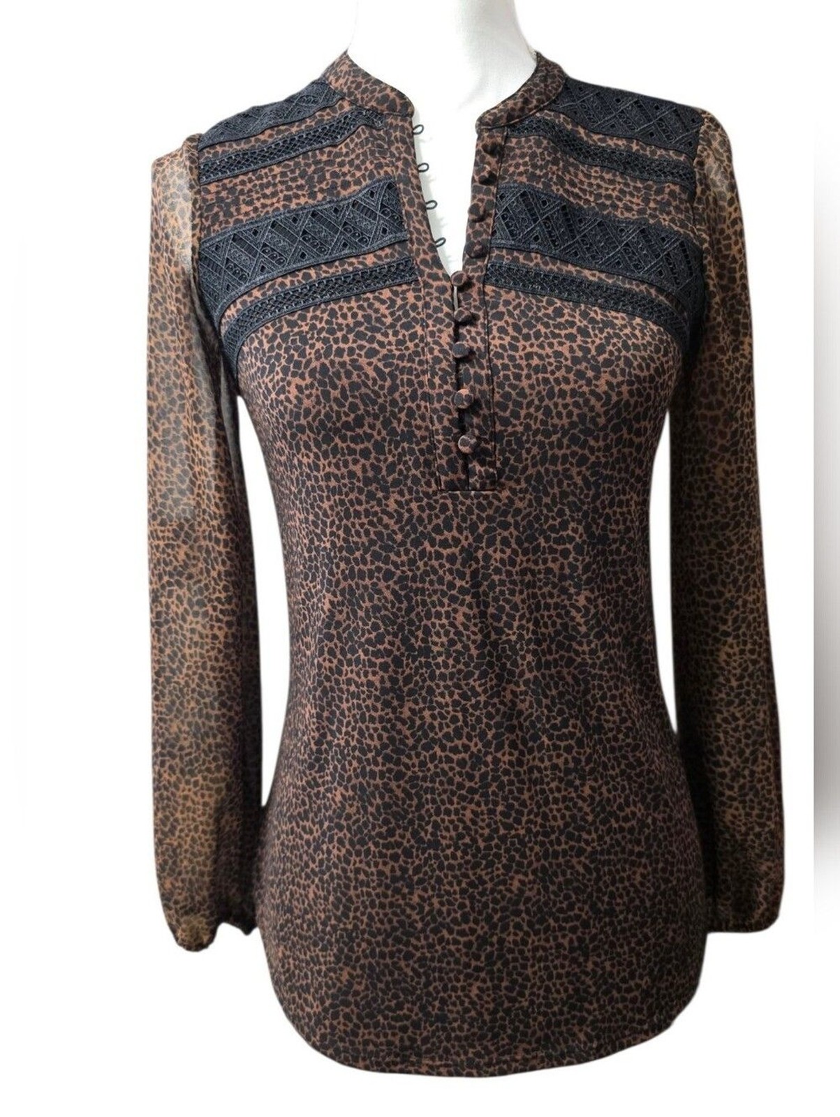 WHBM Womens Brown Leopard Print Lace Yoke Blouse