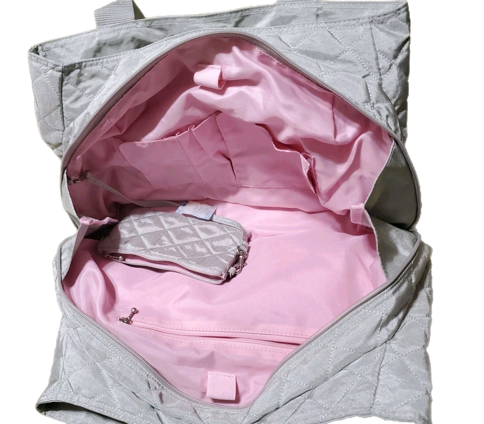 Baggallini Large Quilted Silver & Pink 3 Compartments Tote Travel Bag Purse New