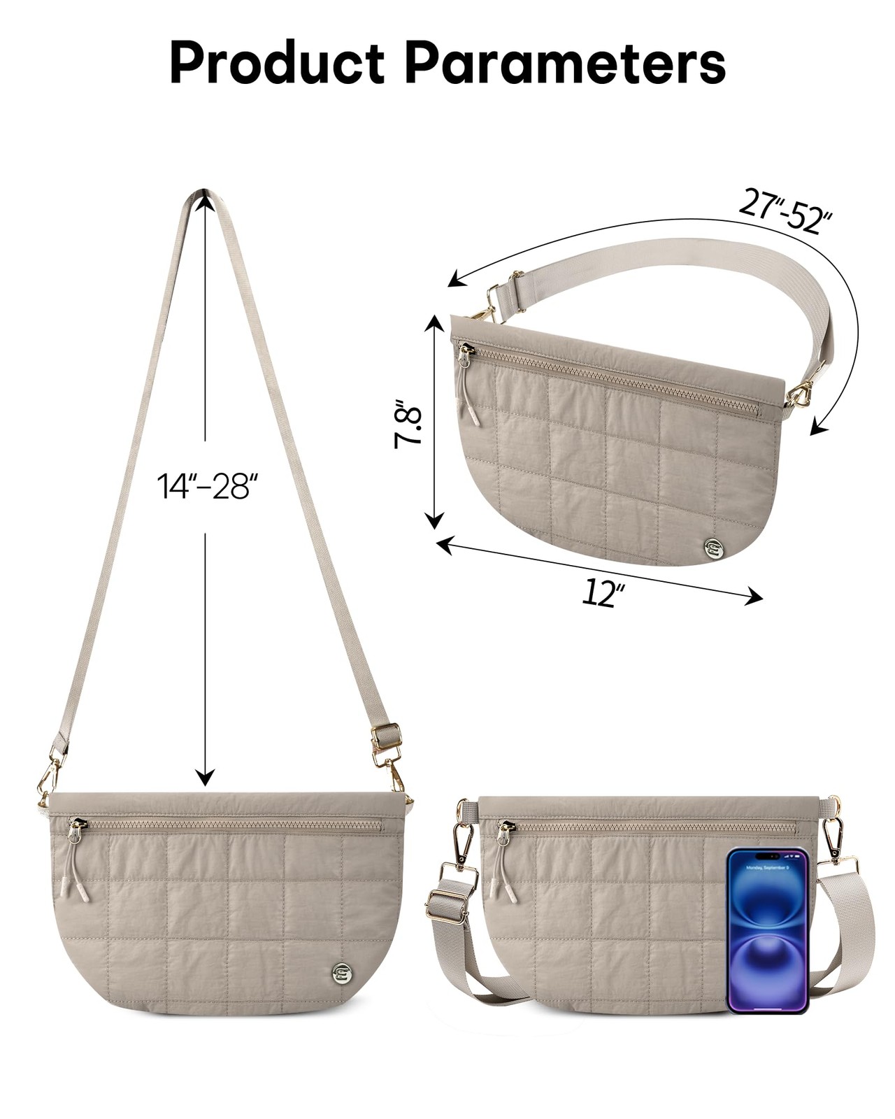 Quilted Crossbody Bags for Women – 11.8 x 0.6 x 7.8 inches, Mocha Brown
