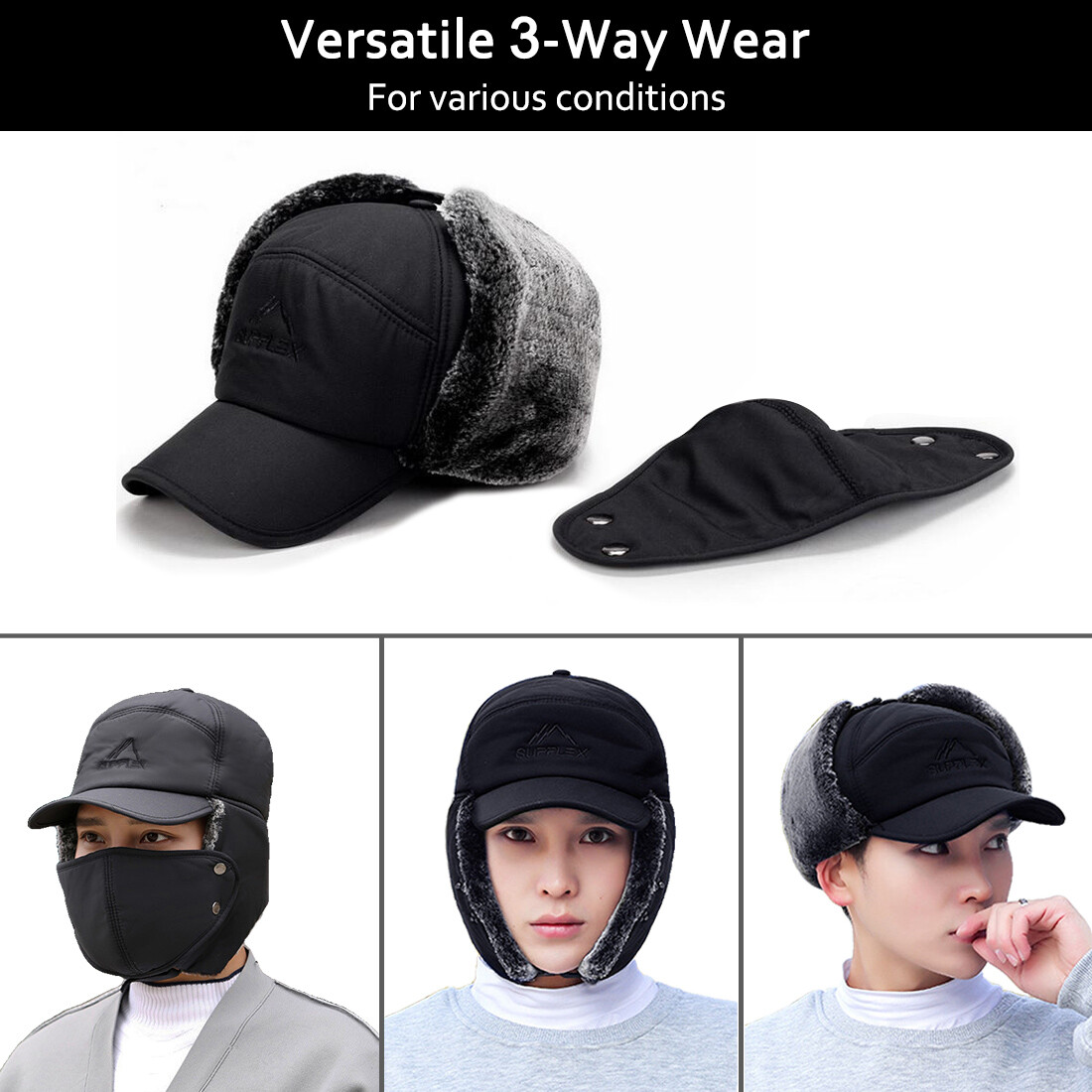 Men Winter Ear Flap Trapper Hat Aviator Face Mask Thermal Warm Fur Ski Cap Women