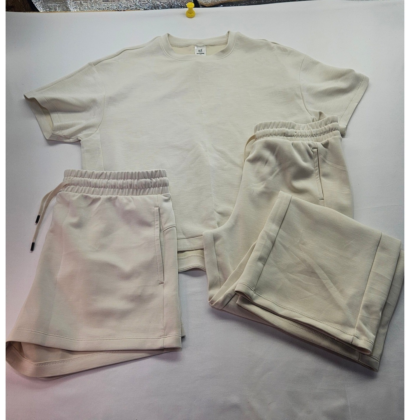 Members Mark Sandwash Lounge Set Tee Shorts Wide Leg Pants Cream 3 Piece L XL