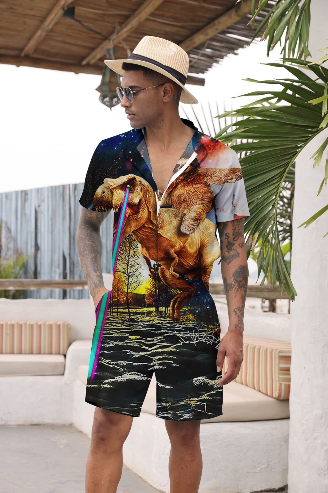 Men’s Dinosaur Rompers Short Sleeve Male Zipper Jumpsuit (Galaxy Dinosaur,Large)
