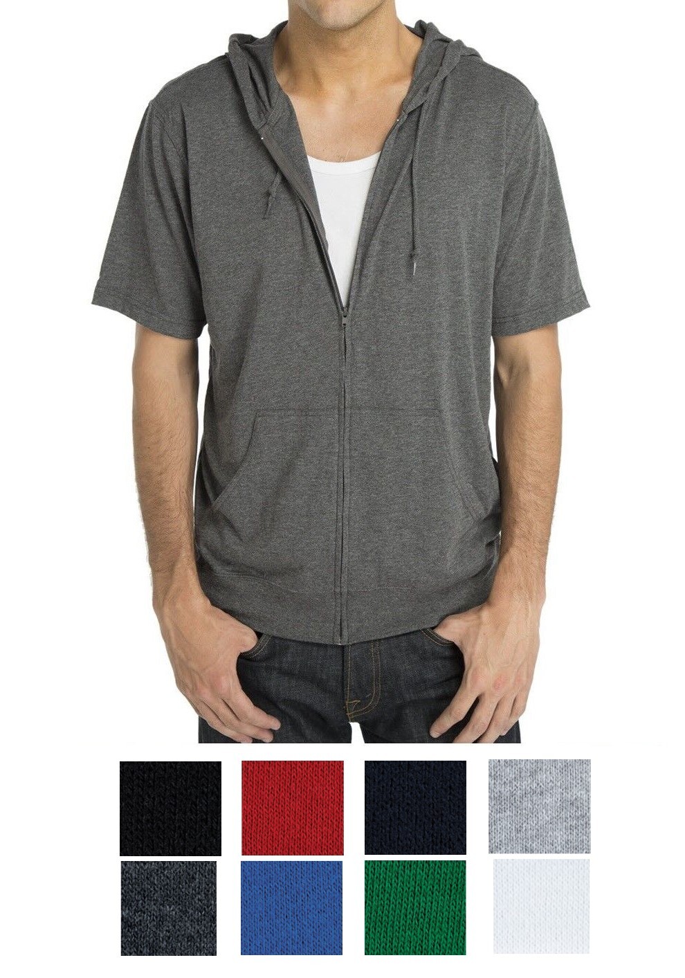 MEN’S LIGHTWEIGHT, ZIP UP, SHORT SLEEVE, JERSEY, BEACH / T-SHIRT HOODIE, XS-3XL