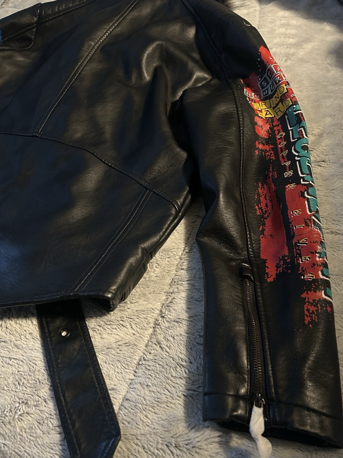 Copper Rivet Moto PU Leather Jacket Black Mens XLarge Removable Fur Graphic