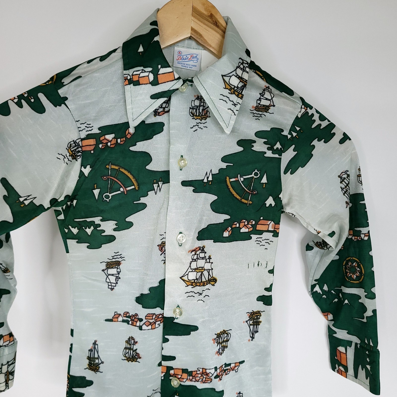 Vintage 70s Dixie Lad Girls Button Front Shirt 6 Green Boat Nautical Retro READ
