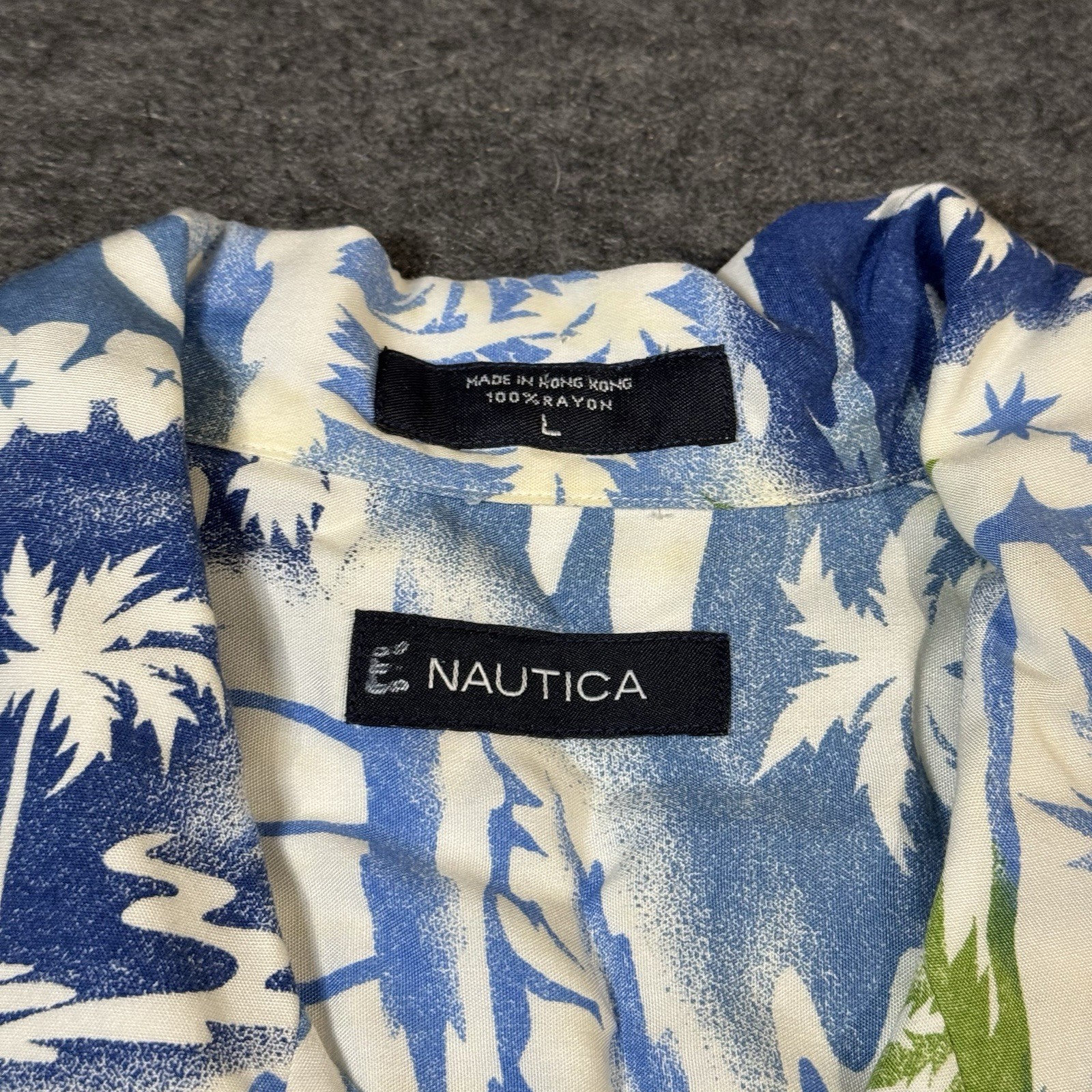 Vintage Nautica 100% Rayon Hawaiian Palm Tree Button Shirt Mens L Aloha Retro