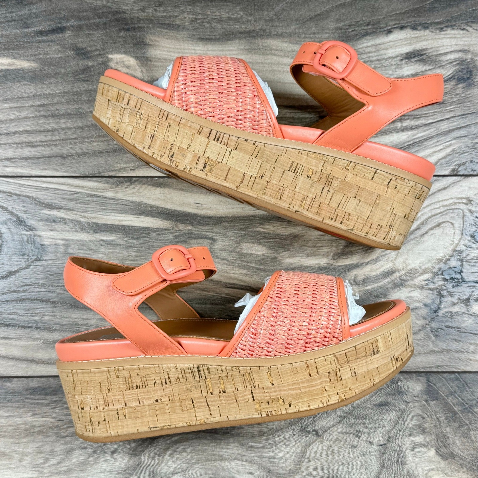 Fitflop Eloise Cork Wrap Woven Back Strap Platform Sandals Sunshine Coral 8