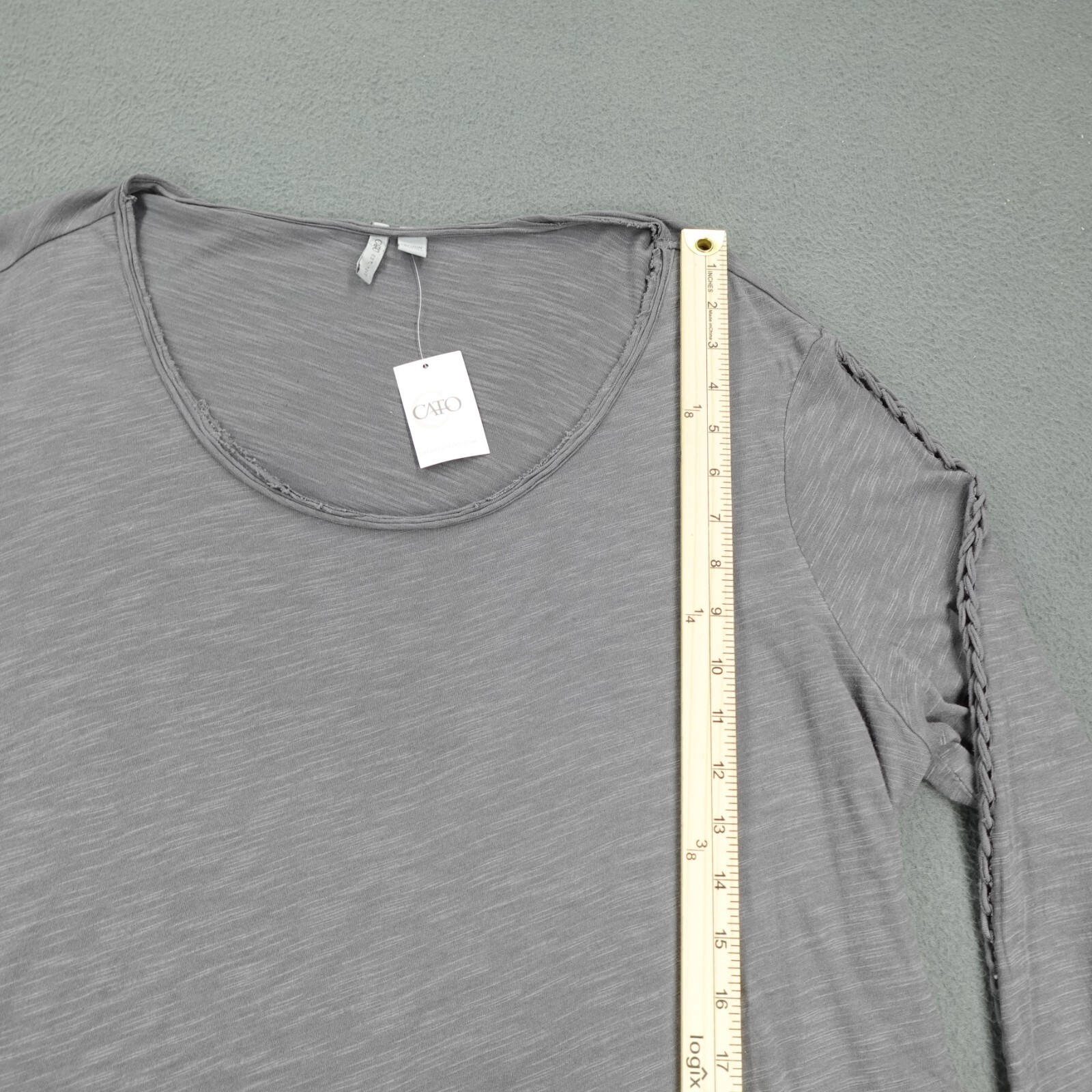 Cato Plus Sportswear Top Women’s Size 8/20W Gray Long Sleeve Bow Front NWT!