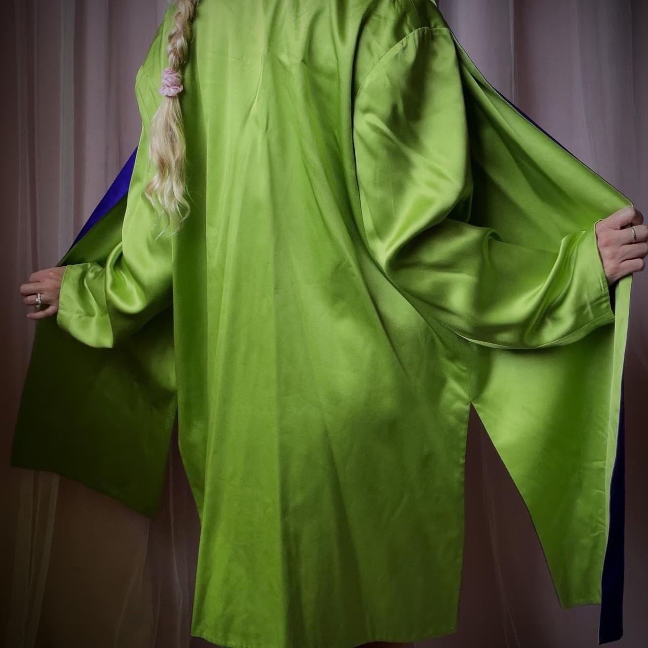 1960s Absinthe Green & Violet Silk Reversible Robe Coat