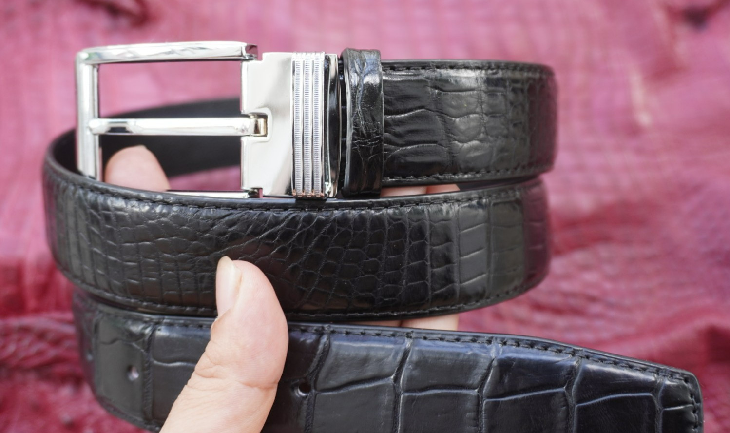 W1.3 inch Black Genuine Crocodile Belly Leather Skin Men’s Belt Plus Buckle #E20