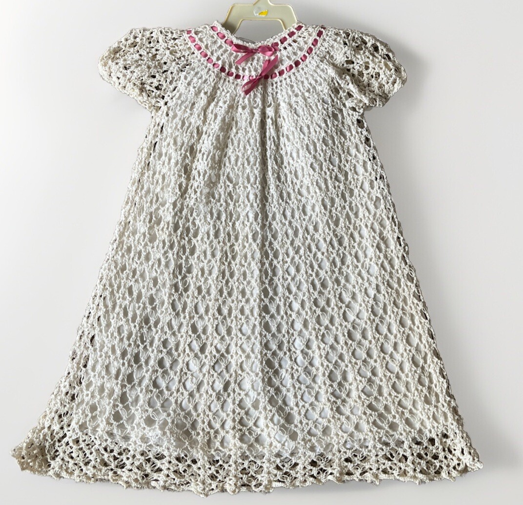 HANDMADE Christening Gown Ivory Crochet Overlay White Lining 0-3 Months