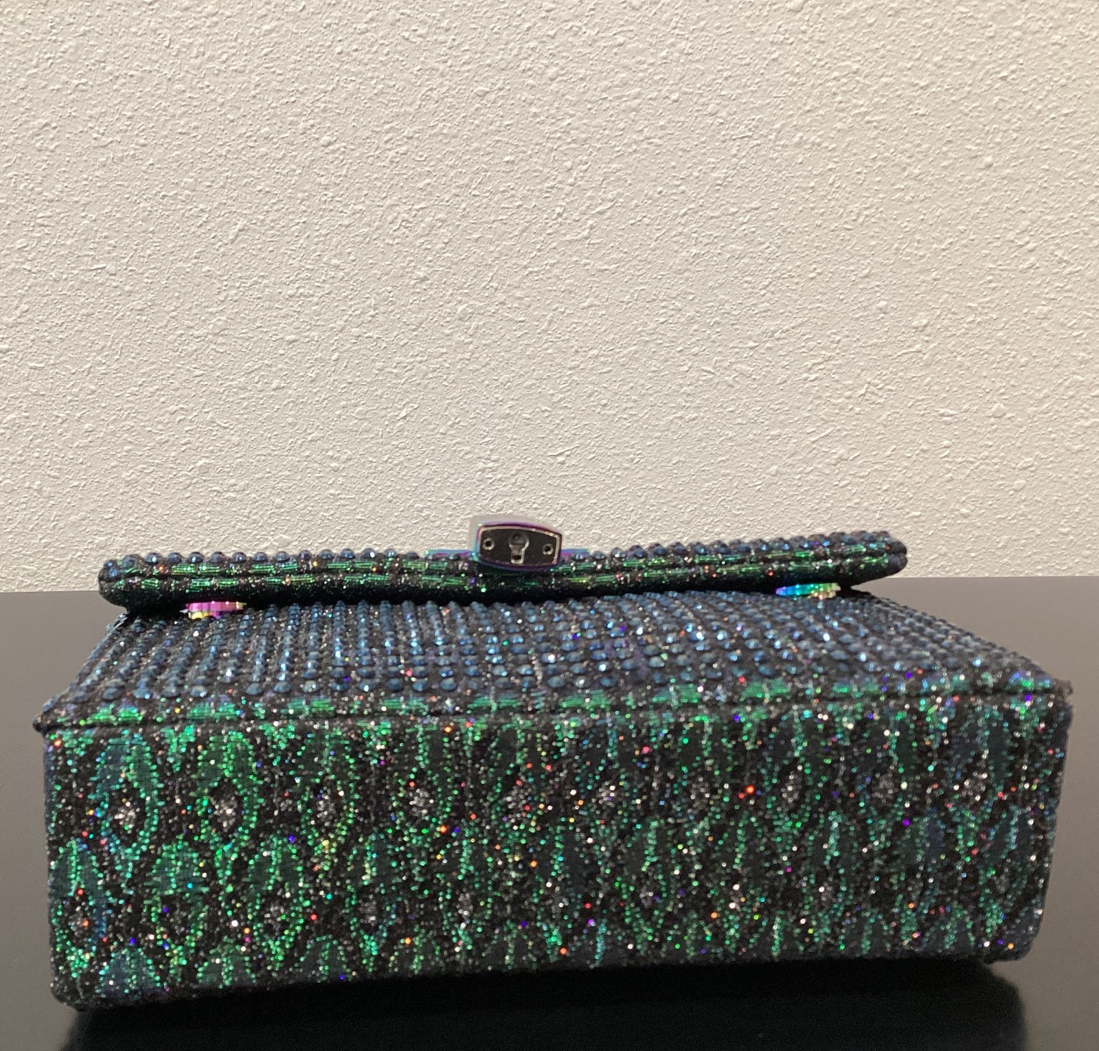 Kurt Geiger Mini Brixton Iridescent 8″x5.5″x2.25″ Lock Metallic Fabric Crystals